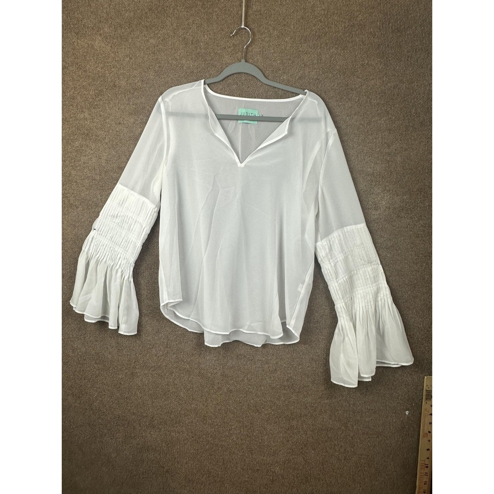Judith March Blouse Womens Small White Sheer V Neck Pleated Bell Sleeve Top